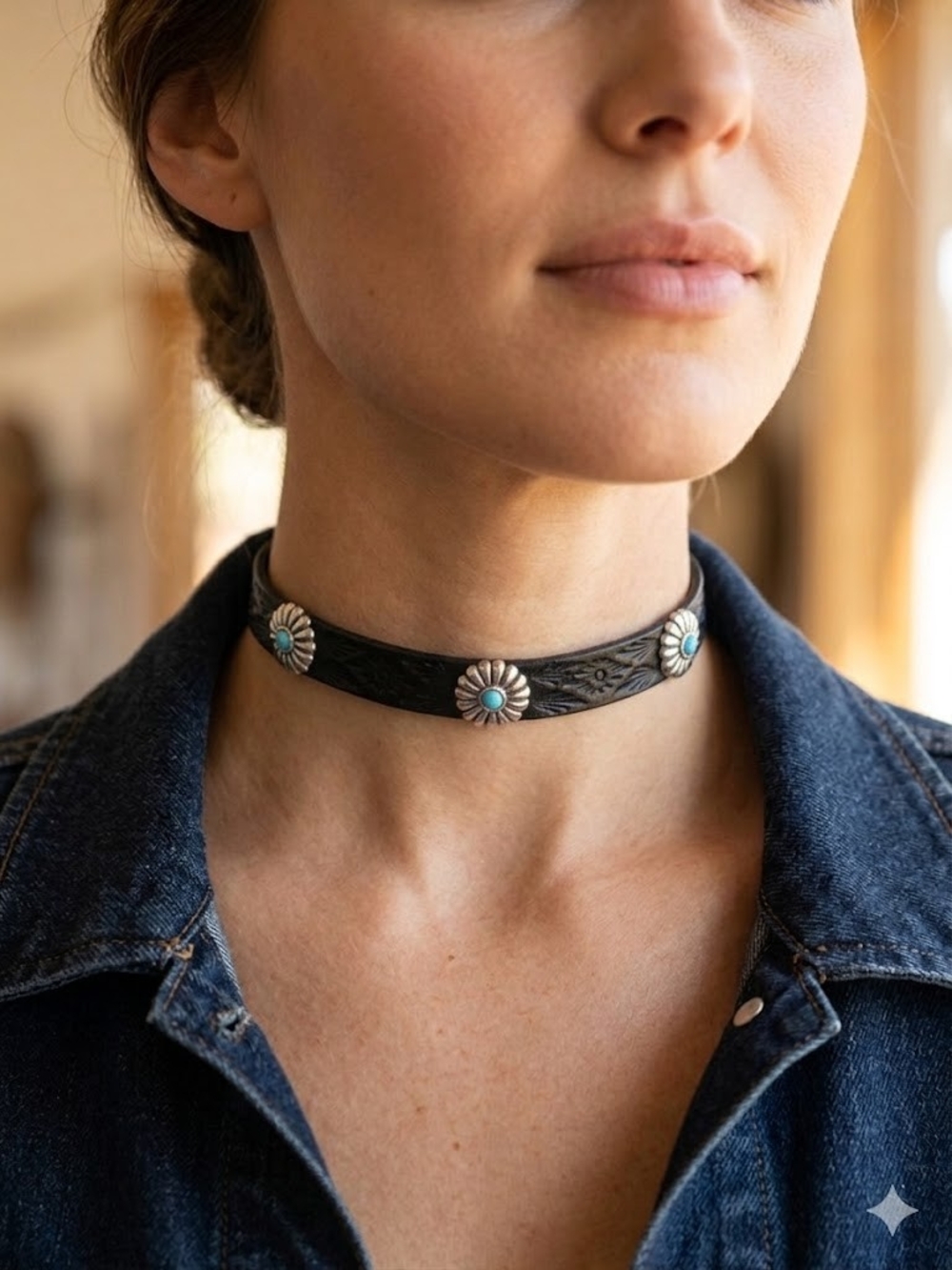 Made in BC Black Leather Choker Necklace with Turquoise Accents